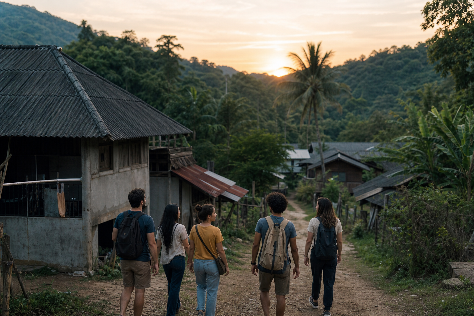 Young Americans Walking Into Thai Village at Sunset